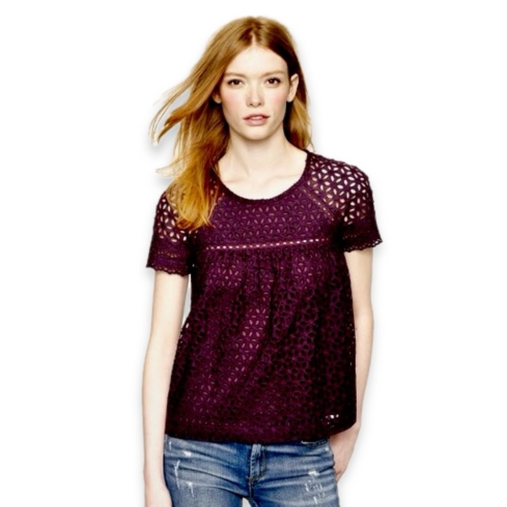 J.CREW Eyelet Short Sleeve Blouse Eggplant Purple Cotton Jewel Neckline